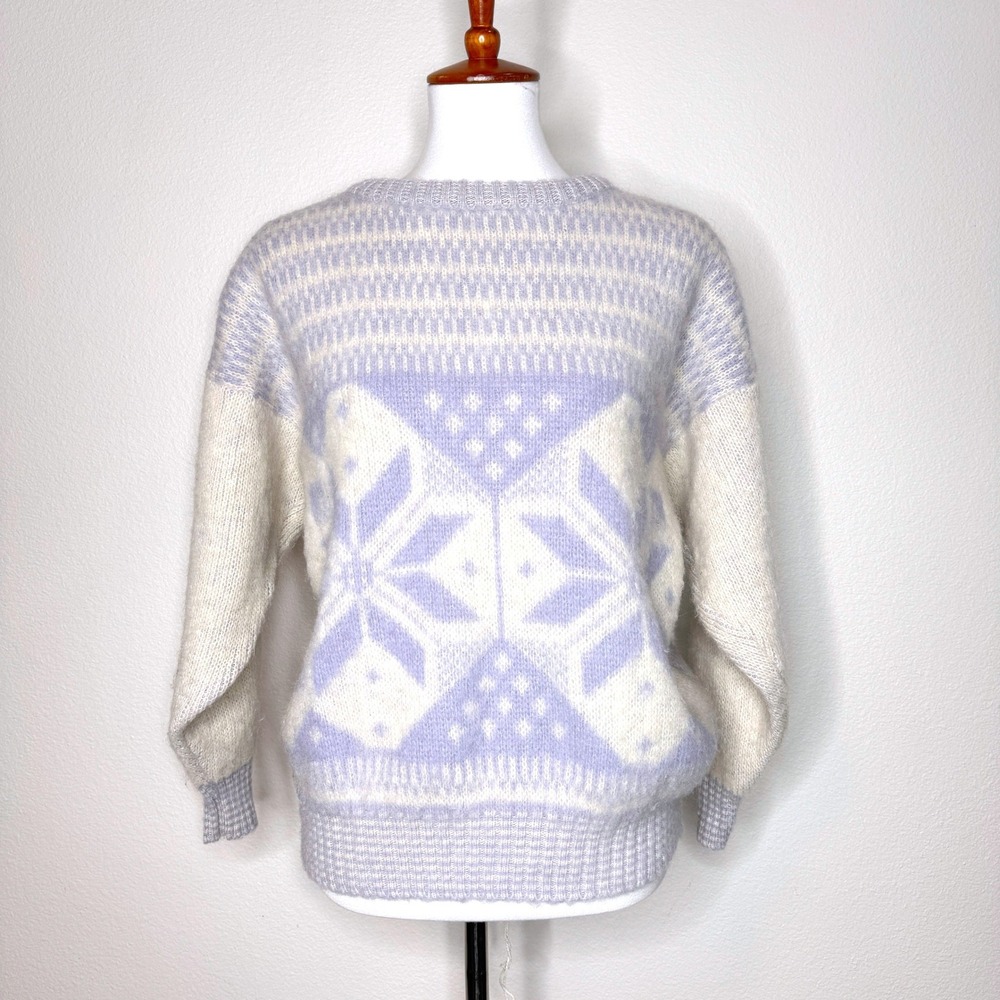 ALAFOSS IceWool VTG Iceland Women Sweater SM Cream Periwinkle Winter Wool Nordic